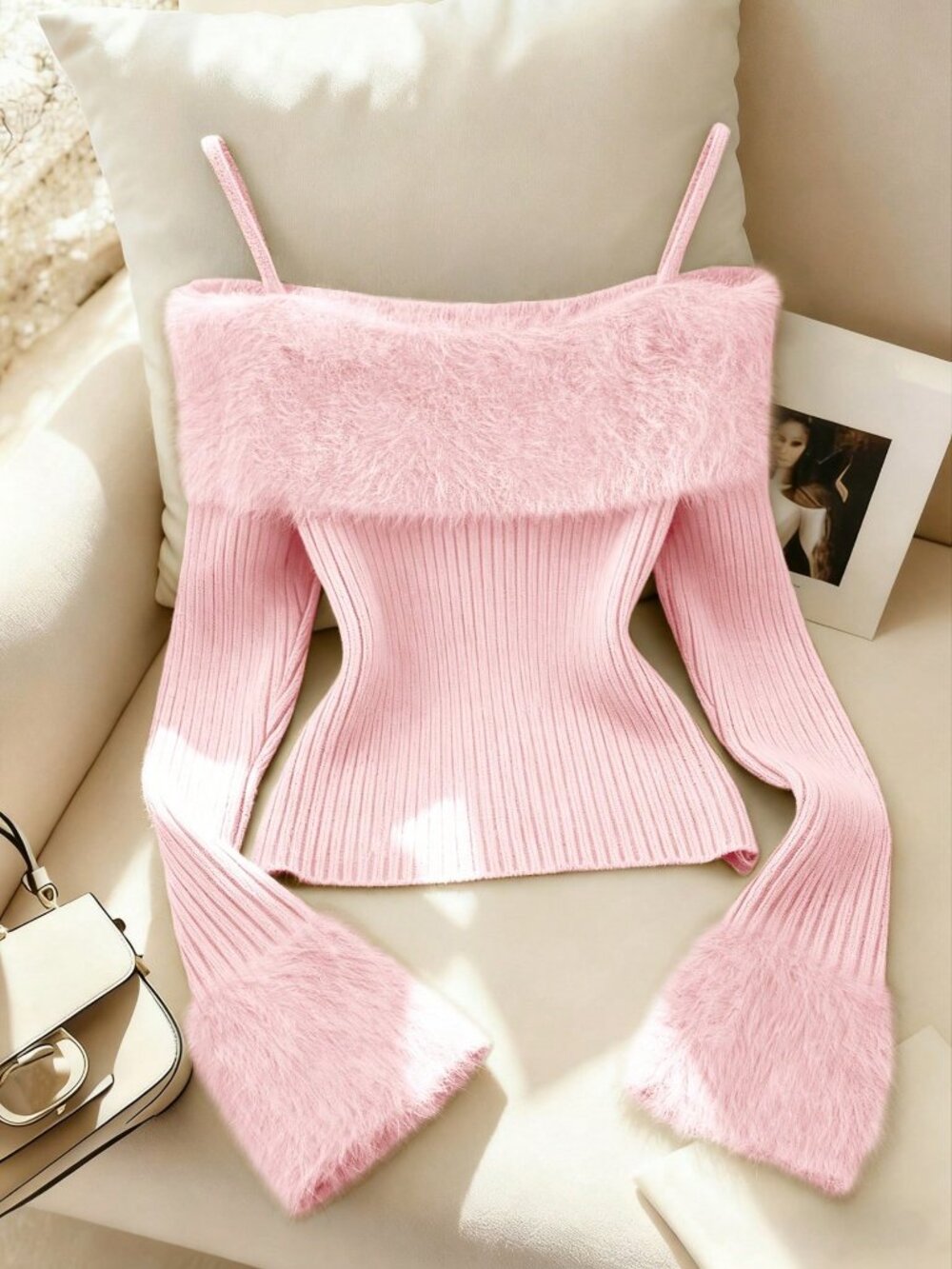 Pink Sexy Chic Women's Furry Collar Off-Shoulder Sweater Pullover yop